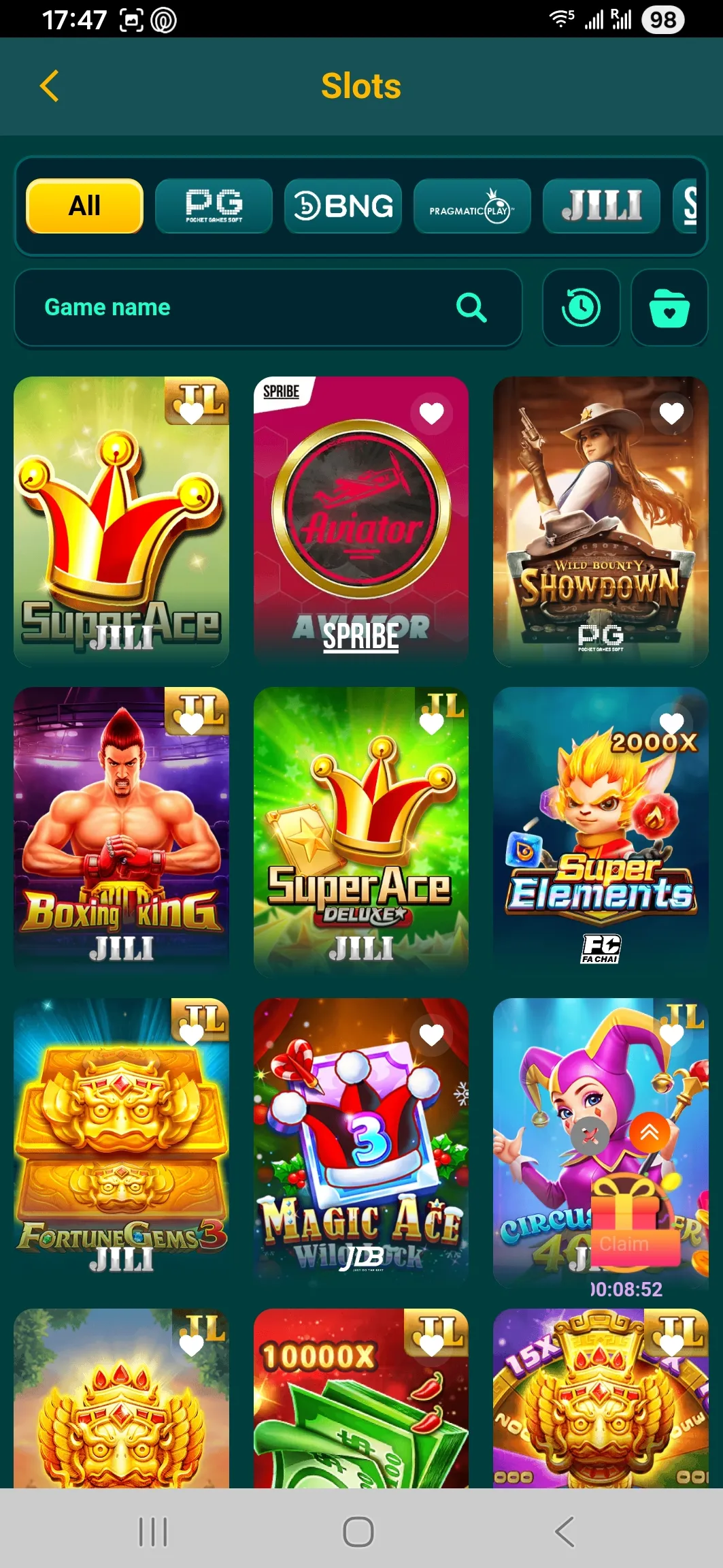 Slots filters in app